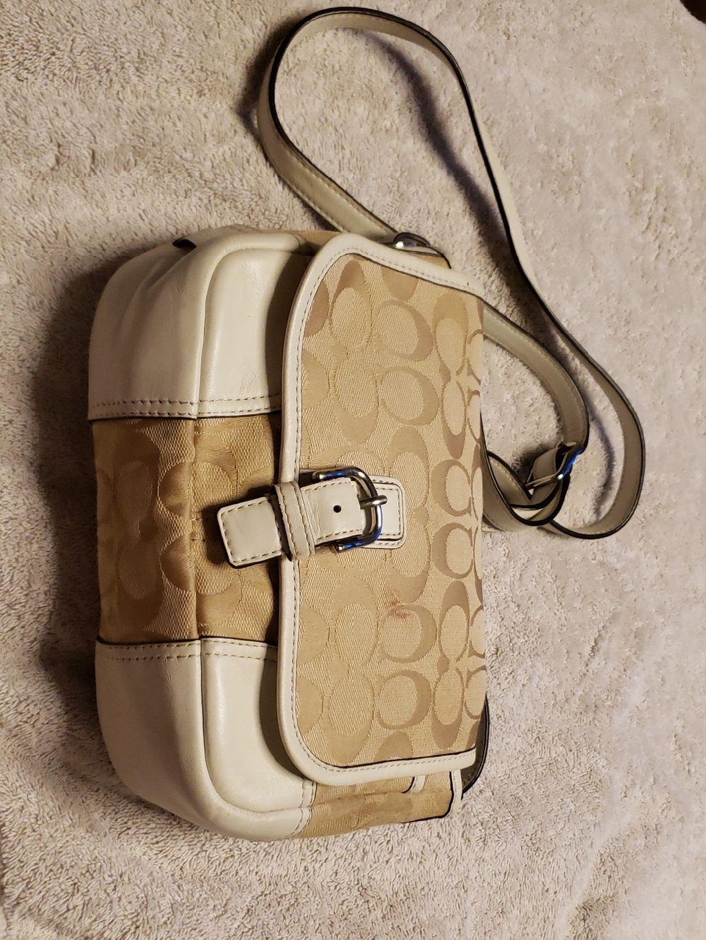 Coach Beige Signature Canvas Crossbody with White Leather Trim and Buckle